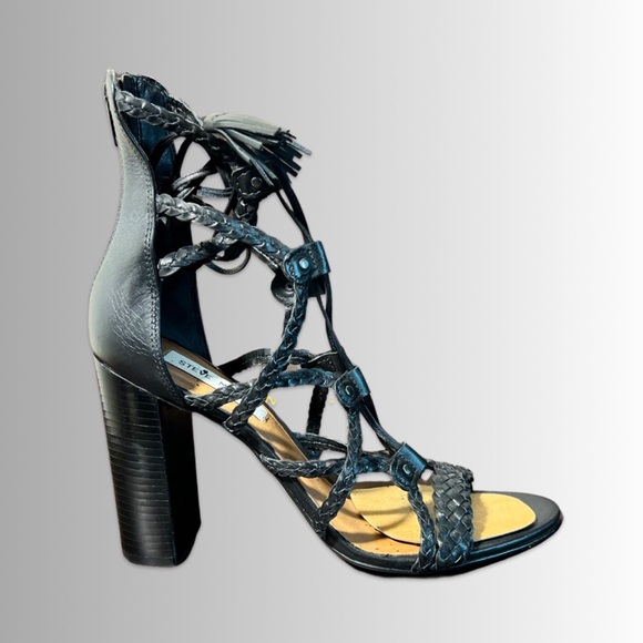 Steve Madden Black Braided Leather Tarra Block Heels, Strappy, Size 9 - Picture 2 of 7